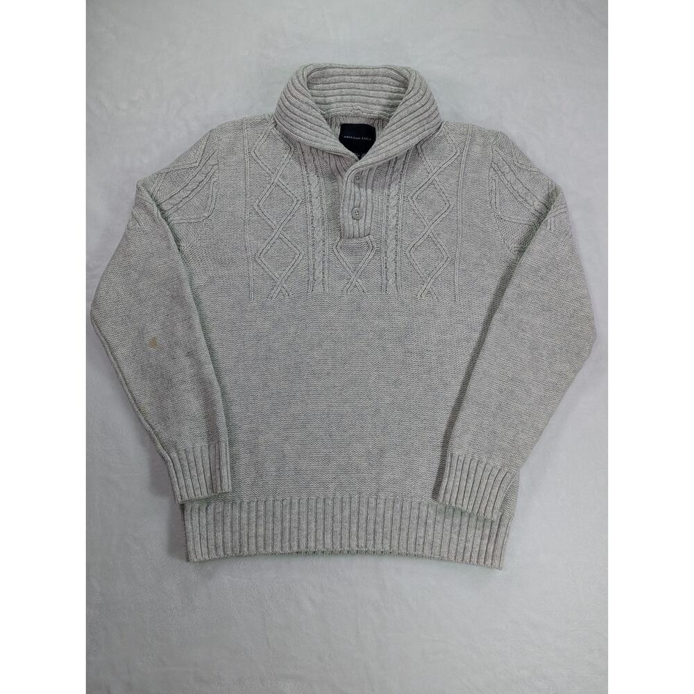 American Eagle Size L Gray Cable Knit/Fisherman Shawl Collar Sweater